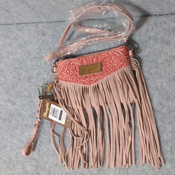 New Wrangler Boho Fringe Clutch Crossbody Shoulder Bag- Western - Peach/Pink - Picture 7 of 11